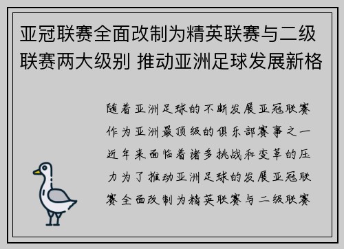 亚冠联赛全面改制为精英联赛与二级联赛两大级别 推动亚洲足球发展新格局 亚冠联赛全面改制为精英联赛与二级联赛两大级别 推动亚洲足球发展新格局